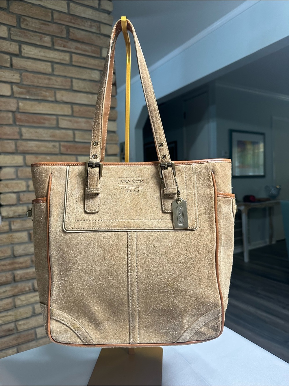 Vintage Coach Hampton Suede Gallery Tote in Light Tan with Leather Trim